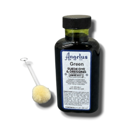 Angelus Green Suede Dye 88.72ml bottle for restoring and recolouring suede shoes, sneakers, boots and loafers.